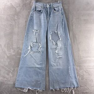 We The Free Wide Leg Jeans Womens Size 26x27 Blue High Rise Distressed Raw Hem